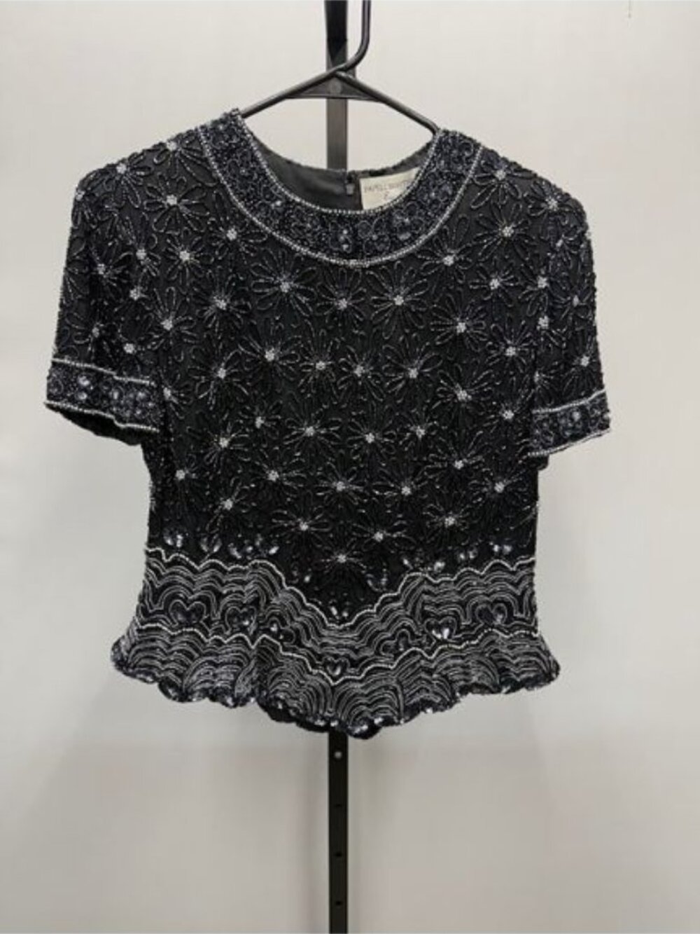 Papell Botique Evening Vintage Silk Black Beaded Short Sleeve Blouse